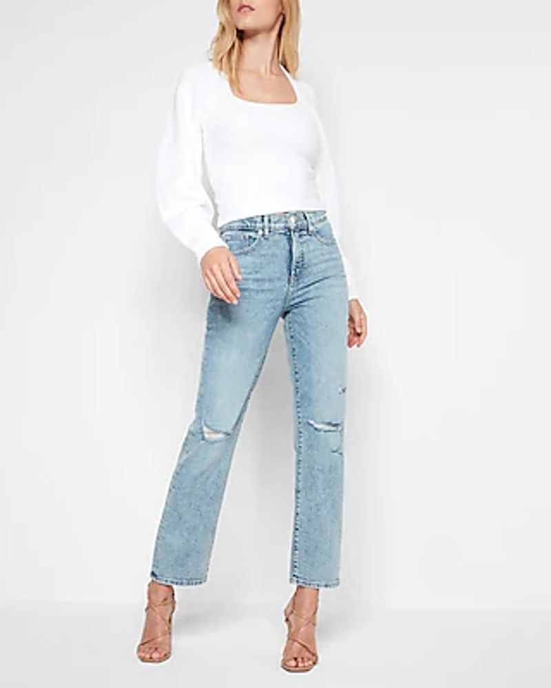 High Waisted Light Wash Ripped Straight Ankle Jeans