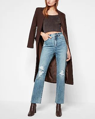 Super High Waisted Medium Wash Ripped Modern Straight Jeans