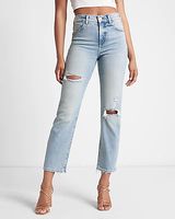 High Waisted Light Wash Ripped Straight Ankle Jeans