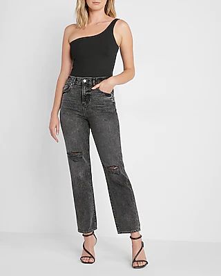 High Waisted Black Ripped Straight Ankle Jeans
