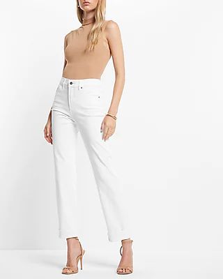 High Waisted White Cuffed Hem Straight Ankle Jeans