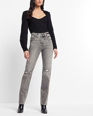 High Waisted Ripped Pearl Embellishment Modern Straight Jeans , Women's Size:0