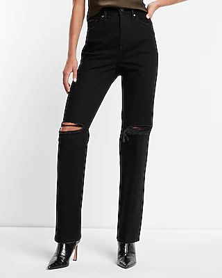 Super High Waisted Black Rinse Ripped Modern Straight Jeans