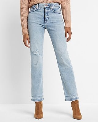 High Waisted Light Wash Ripped Straight Jeans