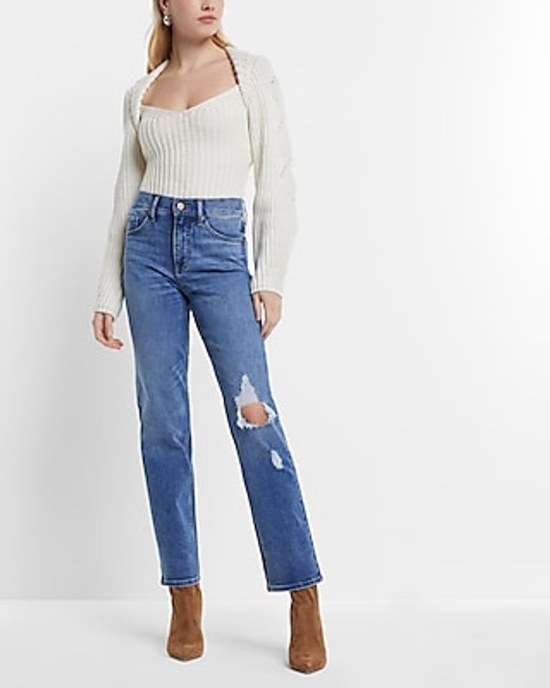 Express High Waisted Medium Wash Ripped Modern Straight Jeans