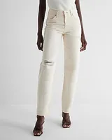 Mid Rise Cream Ripped Baggy Tapered Jeans