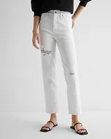 High Waisted White Ripped Straight Ankle Jeans