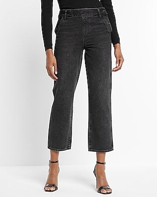 High Waisted Washed Black Side Button Straight Ankle Jeans