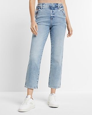 High Waisted Light Wash Side Button Straight Ankle Jeans