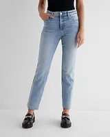 High Waisted Light Wash Raw Hem Curvy FlexX Straight Ankle Jeans, Women's Size:L Short