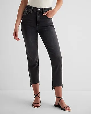 High Waisted Washed Black Raw Hem Curvy FlexX Straight Ankle Jeans, Women's Size:L Short
