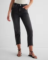 High Waisted Washed Black Raw Hem Curvy FlexX Straight Ankle Jeans