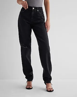 Mid Rise Black Ripped Baggy Tapered Jeans