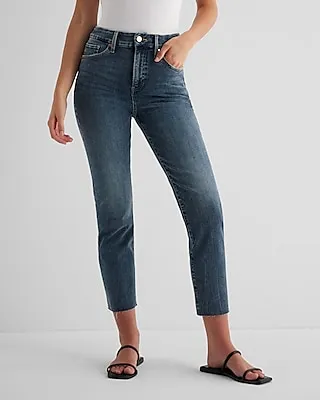 High Waisted Dark Wash Raw Hem Curvy FlexX Straight Ankle Jeans, Women's Size:XL Short