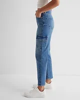 High Waisted Medium Wash Straight Ankle Cargo Jeans