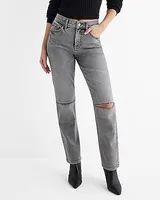 High Waisted Gray Wash Knee Cutout Modern Straight Jeans, Women's Size:12 Long