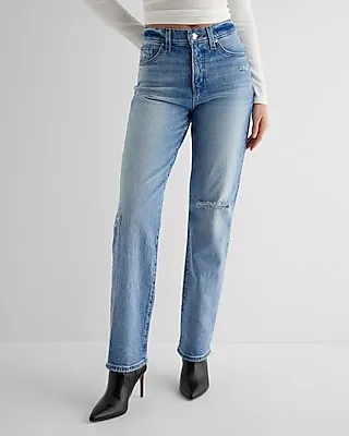 High Waisted Medium Wash Ripped Modern Straight Jeans, Women's Size:10
