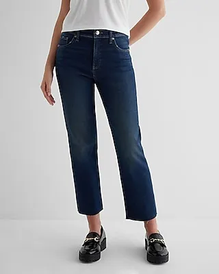 High Waisted Dark Wash Raw Hem Straight Ankle Jeans, Women's Size:14