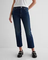 High Waisted Dark Wash Raw Hem Straight Ankle Jeans