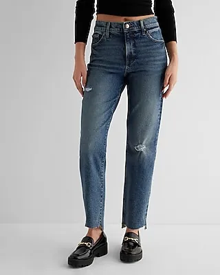 High Waisted Medium Wash Ripped Raw Hem Straight Ankle Jeans