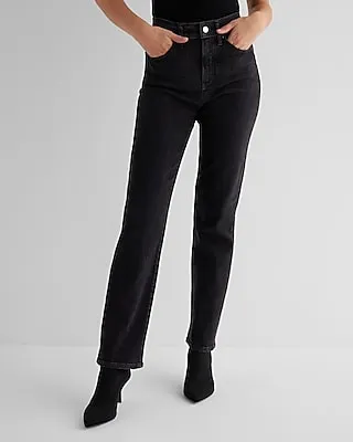 Express High Waisted Black Coated Raw Split Hem Modern Straight Jeans