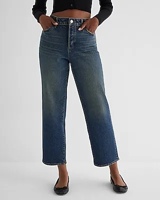 High Waisted Dark Wash Relaxed Straight Ankle Jeans