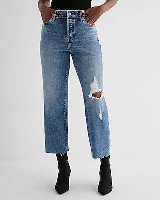 High Waisted Medium Wash Ripped Relaxed Straight Ankle Jeans