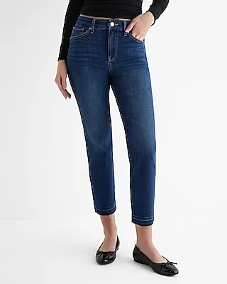 High Waisted Dark Wash Drop Hem Curvy FlexX Straight Ankle Jeans, Women's Size:M Short