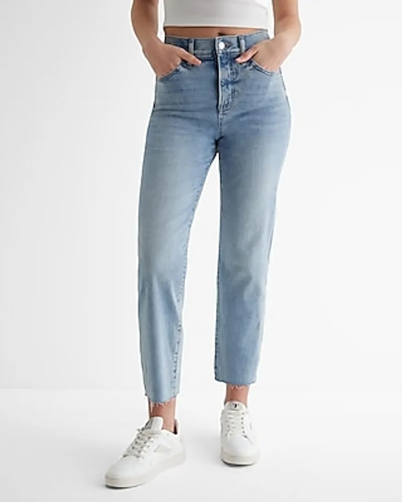 Express High Waisted Light Wash Raw Hem Straight Ankle Jeans