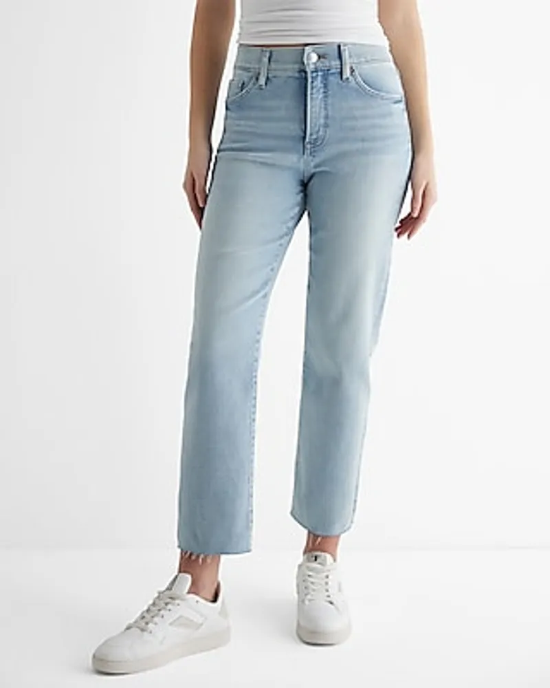 Express High Waisted Light Wash Raw Hem Straight Ankle Jeans