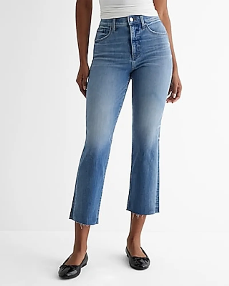 High Waisted Light Wash Raw Hem Straight Ankle Jeans