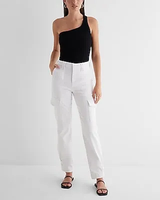 High Waisted White Cargo Cinched Hem Straight Jeans