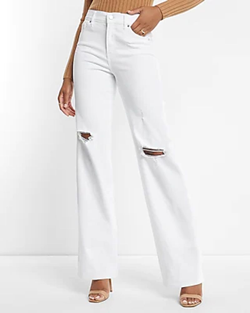 Express High Waisted White Ripped Wide Leg Palazzo Jeans, Women's Size:6  Short