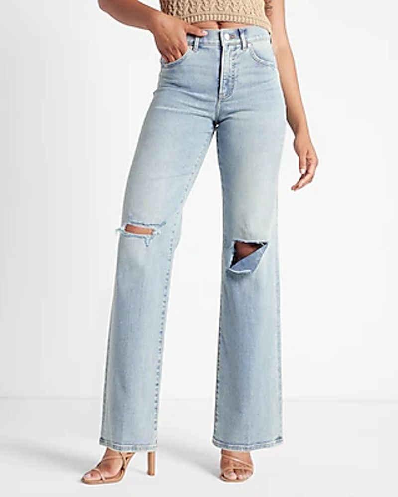 Express High Waisted Light Wash Ripped Wide Leg Palazzo Jeans