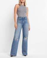 High Waisted Medium Wash Ripped Wide Leg Palazzo Jeans