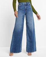 Super High Waisted Medium Wash Baggy Wide Leg Palazzo Jeans, Women's Size:8