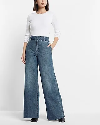 Super High Waisted Medium Wash Baggy Wide Leg Palazzo Jeans