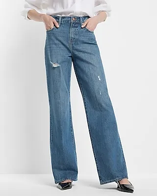 High Waisted Medium Wash Ripped Wide Leg Palazzo Jeans, Women's Size:2