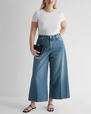 High Waisted Medium Wash Ripped Wide Leg Palazzo Ankle Jeans