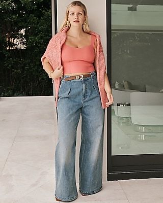 Super High Waisted Baggy Pleated Wide Leg Palazzo Jeans