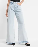 Super High Waisted Light Wash Pleated Baggy Wide Leg Palazzo Jeans, Women's Size:2