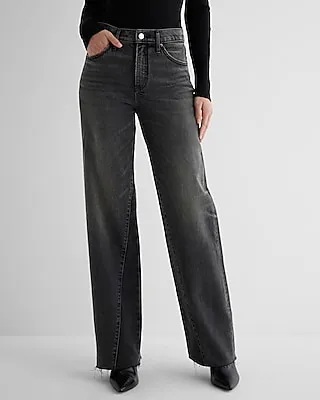 High Waisted Washed Black Raw Hem Wide Leg Palazzo Jeans