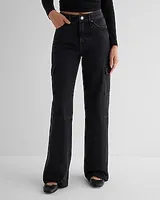 High Waisted Washed Black Raw Hem Wide Leg Palazzo Cargo Jeans