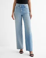 High Waisted Light Wash Two-Tone Criss Cross Raw Hem Wide Leg Palazzo Jeans, Women's Size:2 Long