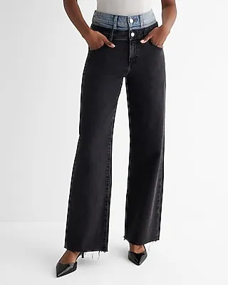 Super High Waisted Double Waistband Black Wide Leg Palazzo Jeans