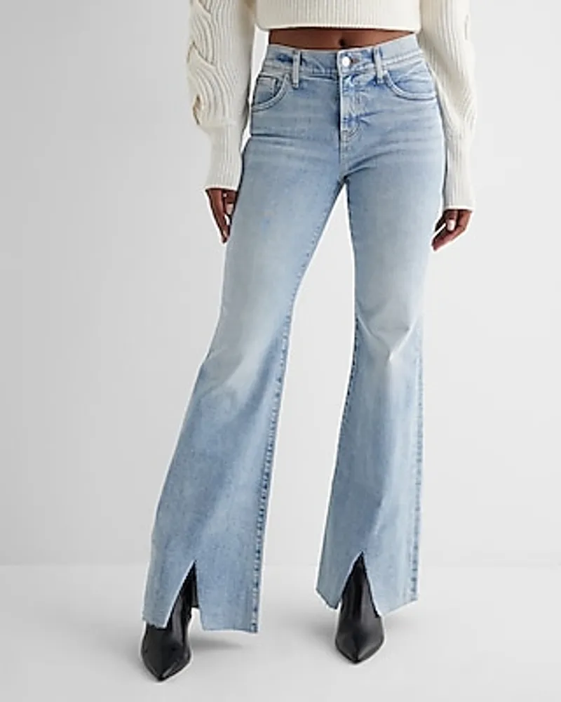 Express Mid Rise Light Wash Front Vent '70S Flare Jeans