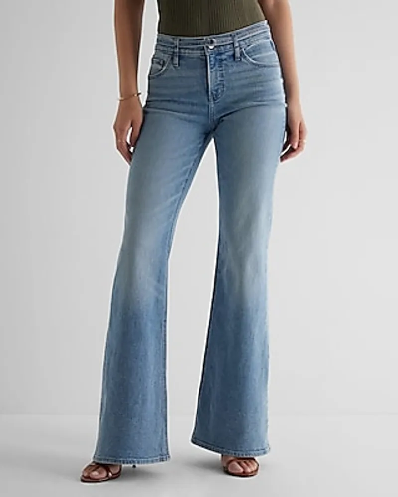 Mid Rise Medium Wash Belted '70S Flare Jeans