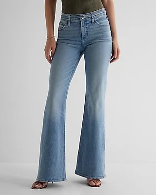 Mid Rise Medium Wash Belted '70S Flare Jeans, Women's Size:4 Long