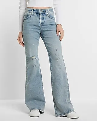 Mid Rise Light Wash Ripped 70S Flare Jeans