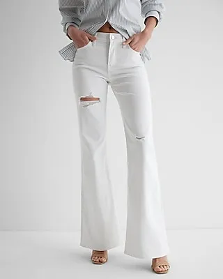 Mid Rise White Ripped '70S Flare Jeans, Women's Size:8